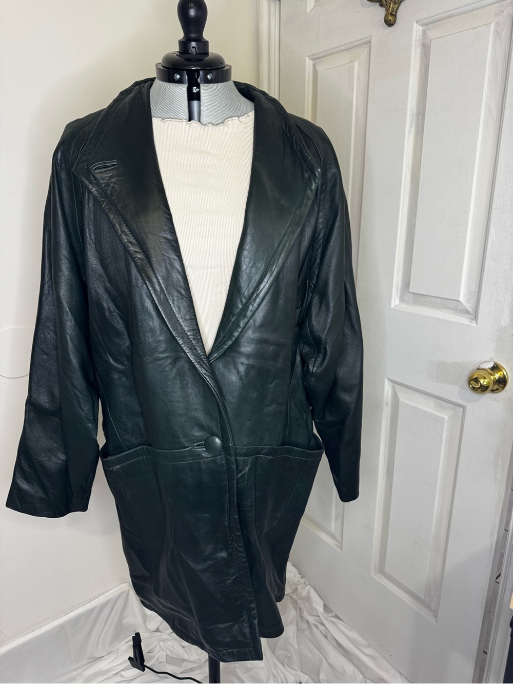 Vintage Women's Leather Coat - Dark Green